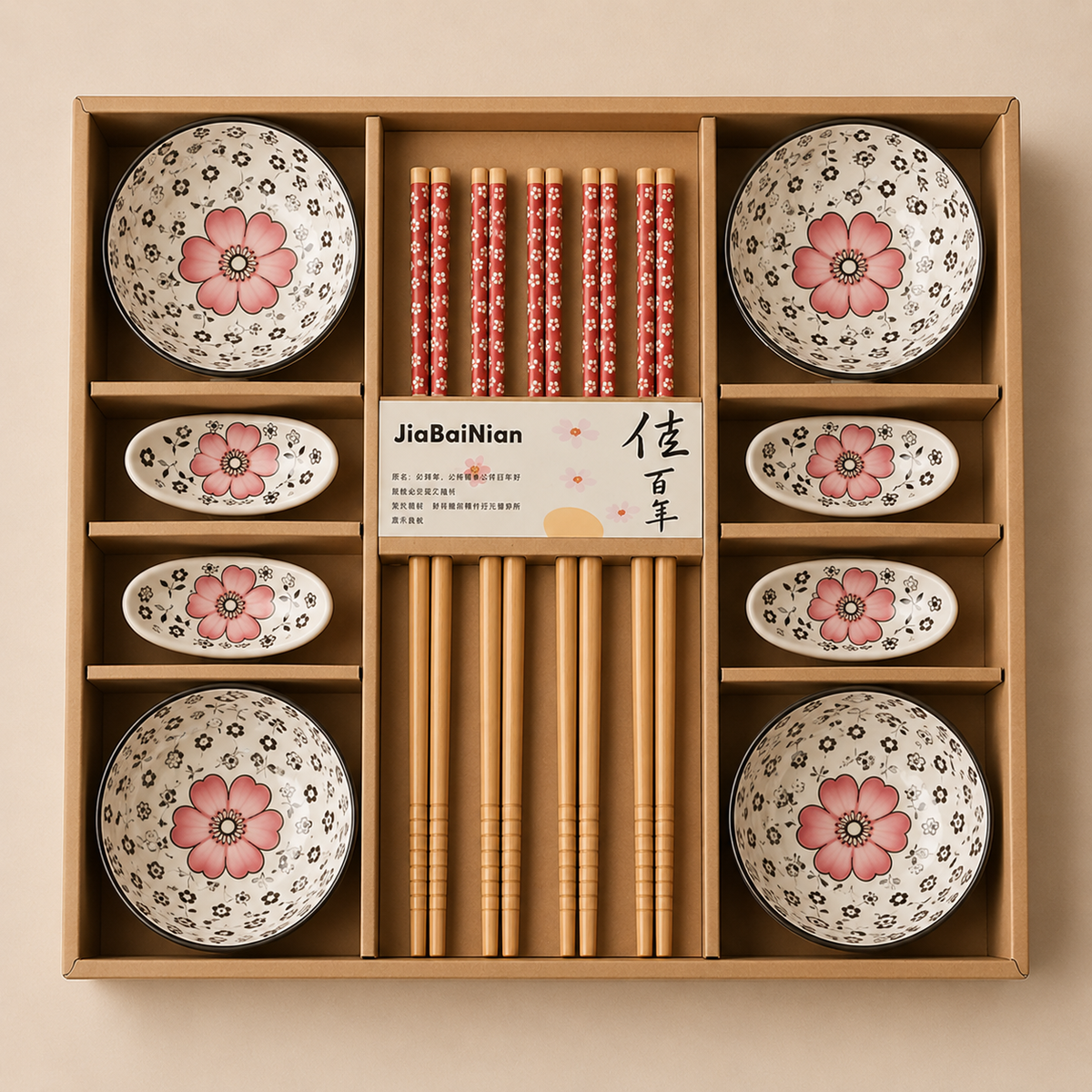 Hand-Painted Ceramic Asian Dining Set for Four – Floral Motif with Ramekins, Chopstick Rests & Chopsticks (12 Pieces) | Thomler