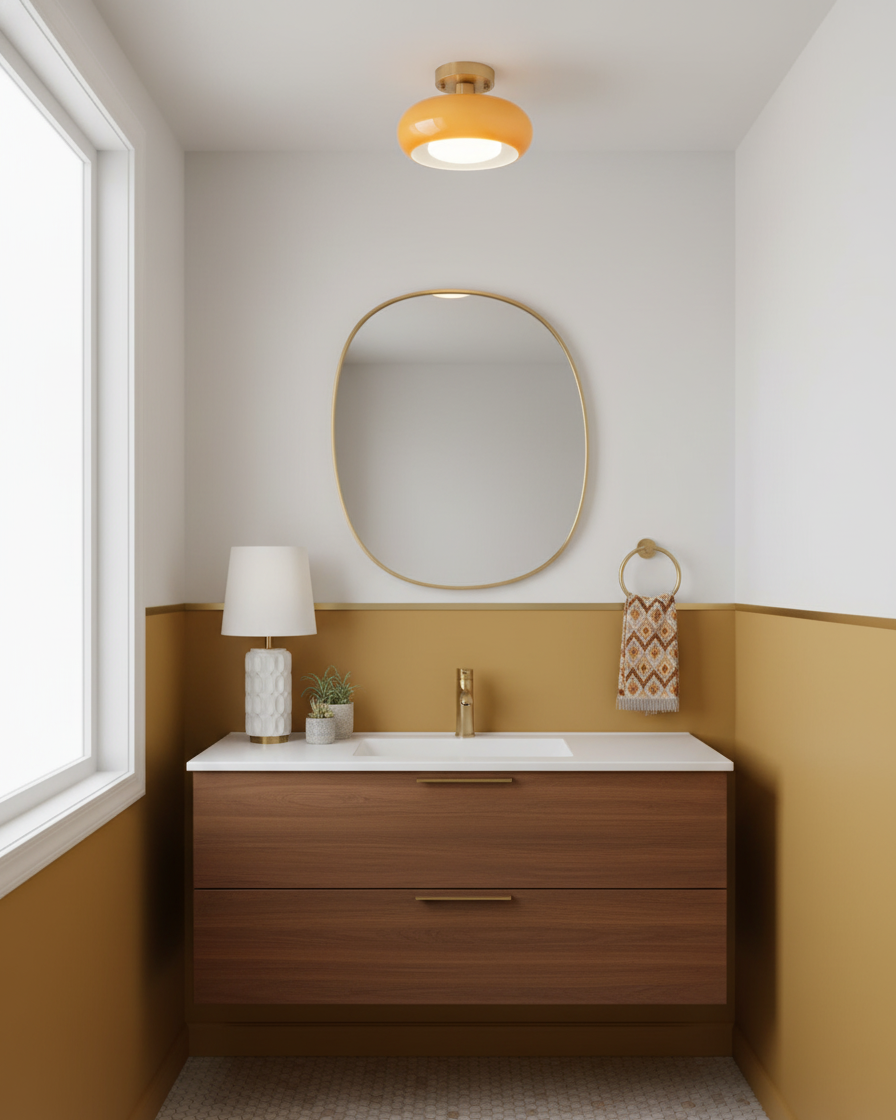 Ceiling Light Glass Dome 11 in x 7 in Gold White Orange Bathroom Indoor Fixture Retro Style | Thomler