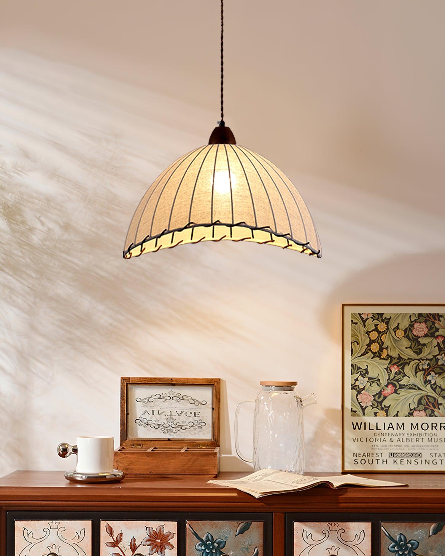 Pendant Light Fabric Dome 13.8 in White Dining Room Bedroom Hanging Lamp Ribbed Shade Scalloped Vintage Style Adjustable Cord | Thomler