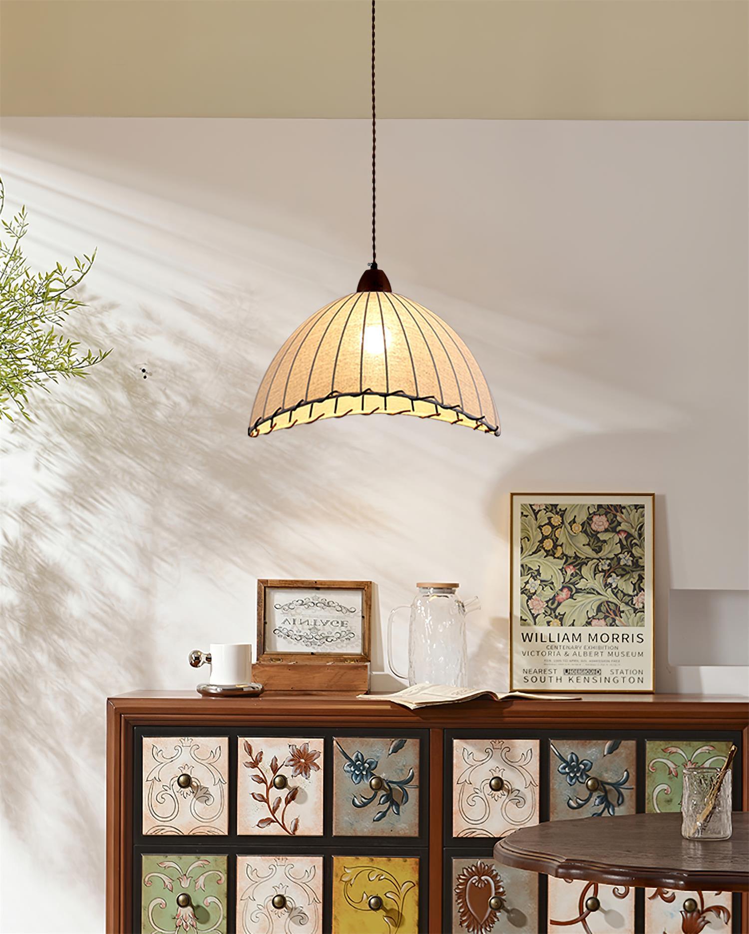 Pendant Light Fabric Dome 13.8 in White Dining Room Bedroom Hanging Lamp Ribbed Shade Scalloped Vintage Style Adjustable Cord | Thomler