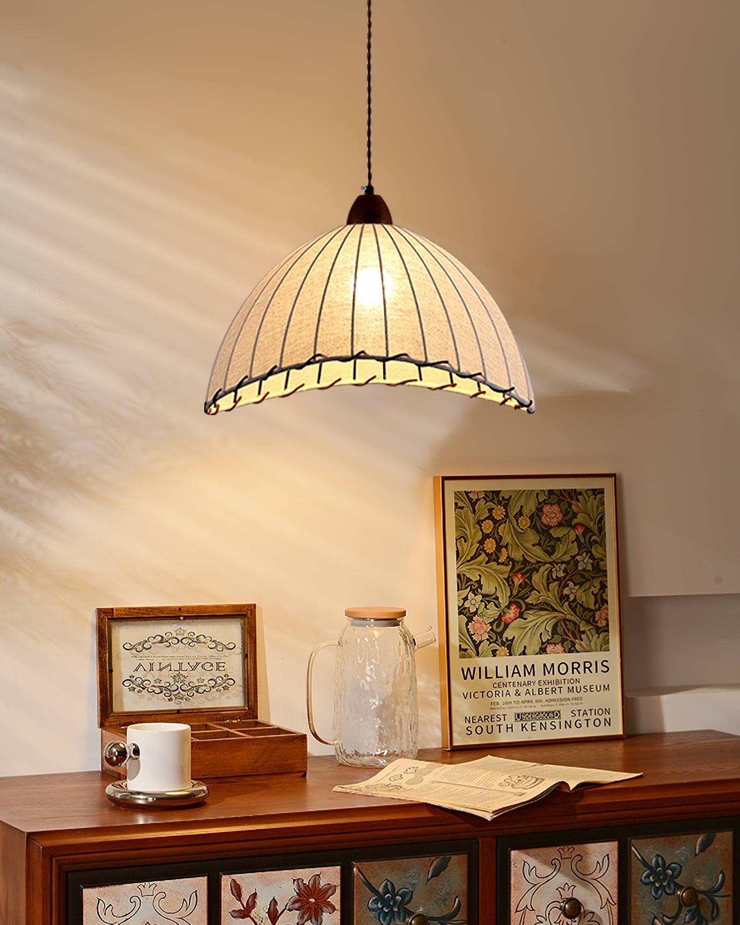 Pendant Light Fabric Dome 13.8 in White Dining Room Bedroom Hanging Lamp Ribbed Shade Scalloped Vintage Style Adjustable Cord | Thomler