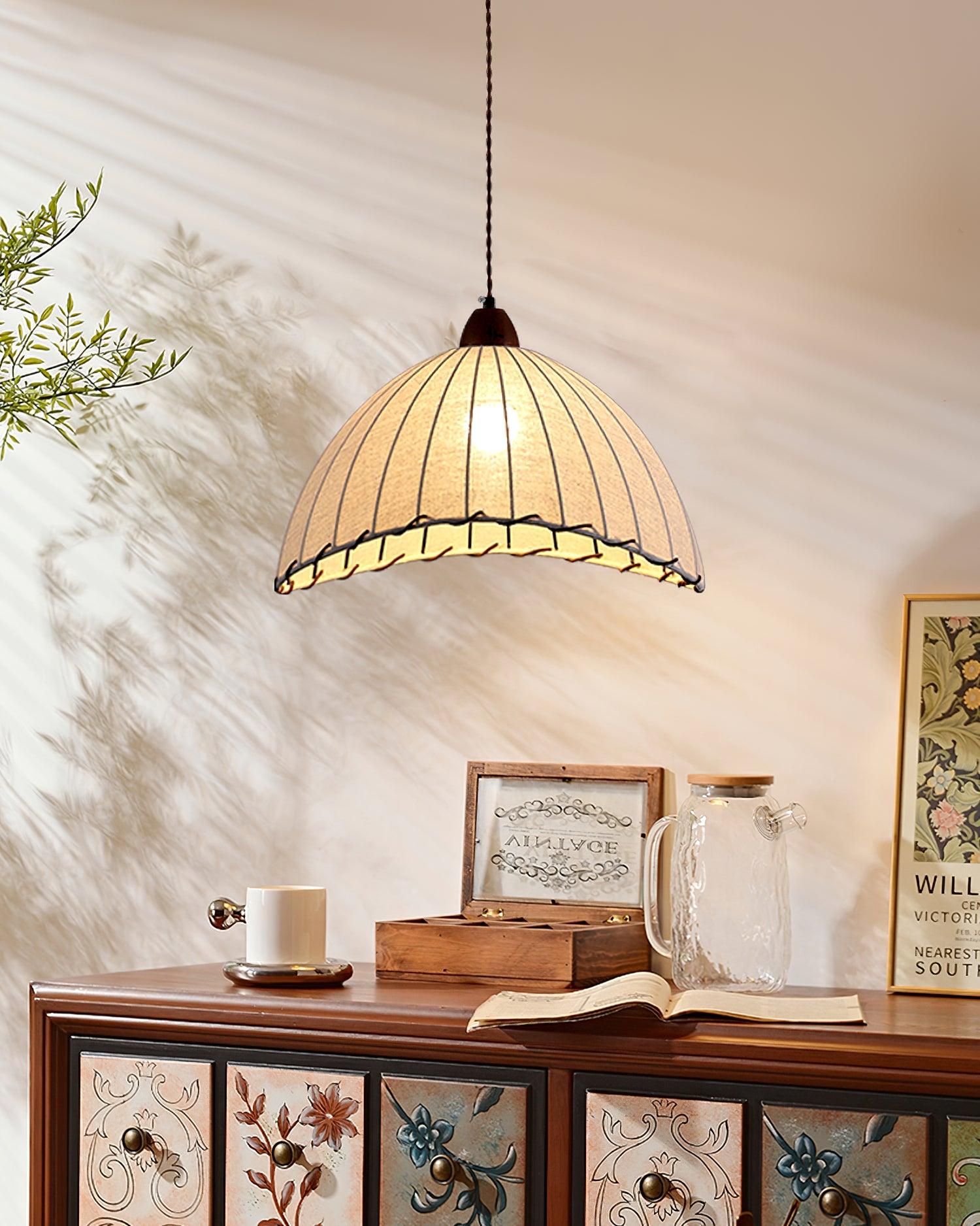 Pendant Light Fabric Dome 13.8 in White Dining Room Bedroom Hanging Lamp Ribbed Shade Scalloped Vintage Style Adjustable Cord | Thomler