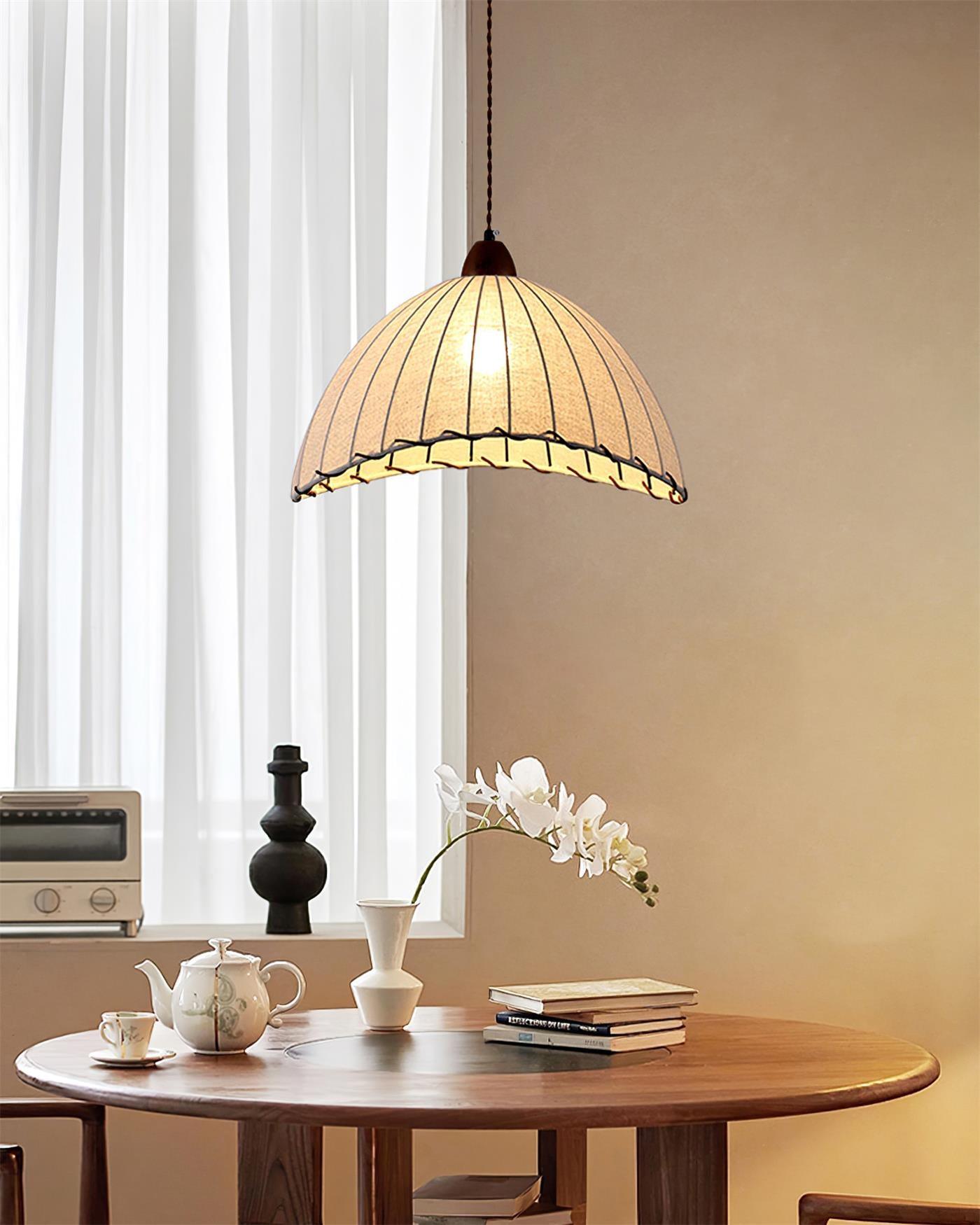 Pendant Light Fabric Dome 13.8 in White Dining Room Bedroom Hanging Lamp Ribbed Shade Scalloped Vintage Style Adjustable Cord | Thomler