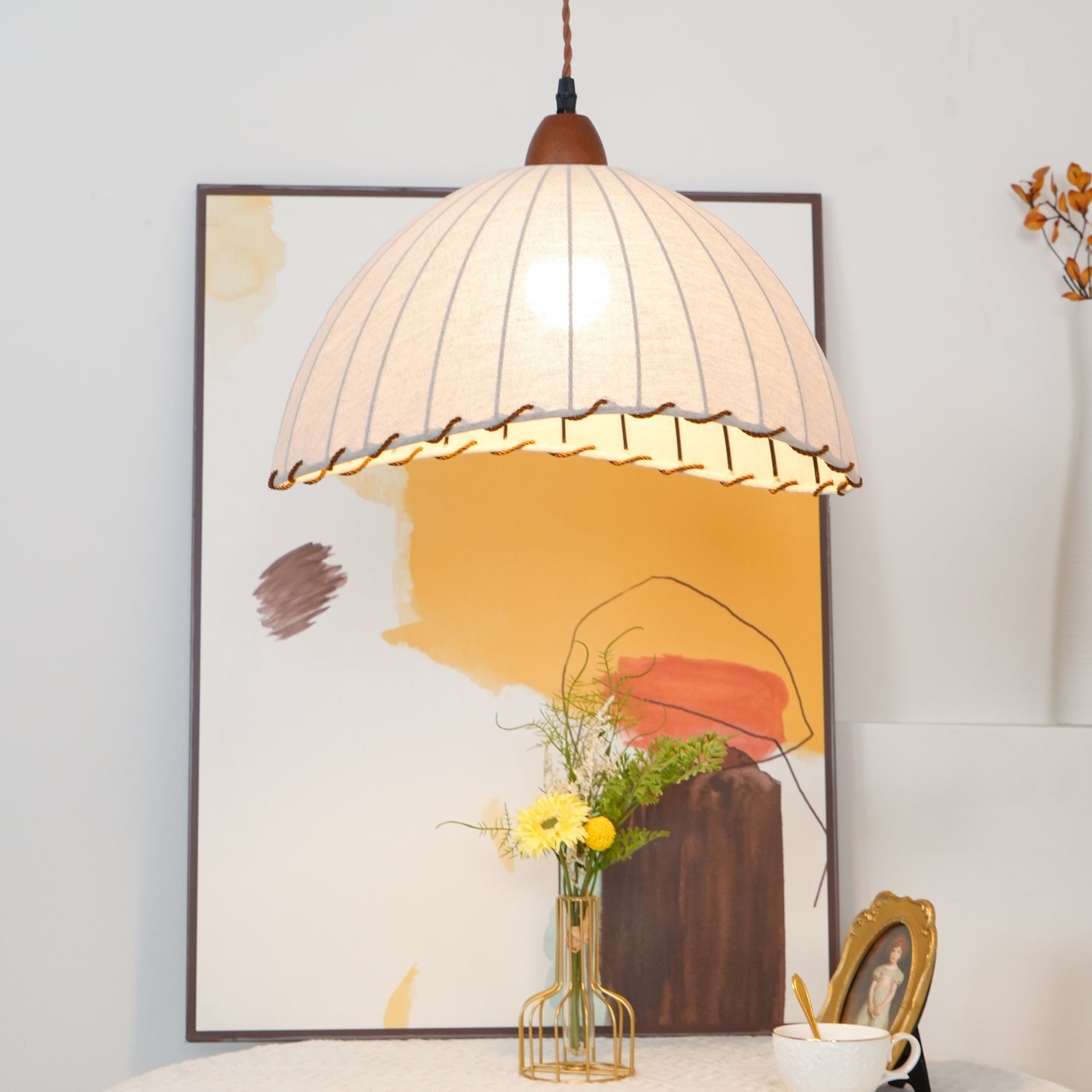 Pendant Light Fabric Dome 13.8 in White Dining Room Bedroom Hanging Lamp Ribbed Shade Scalloped Vintage Style Adjustable Cord | Thomler