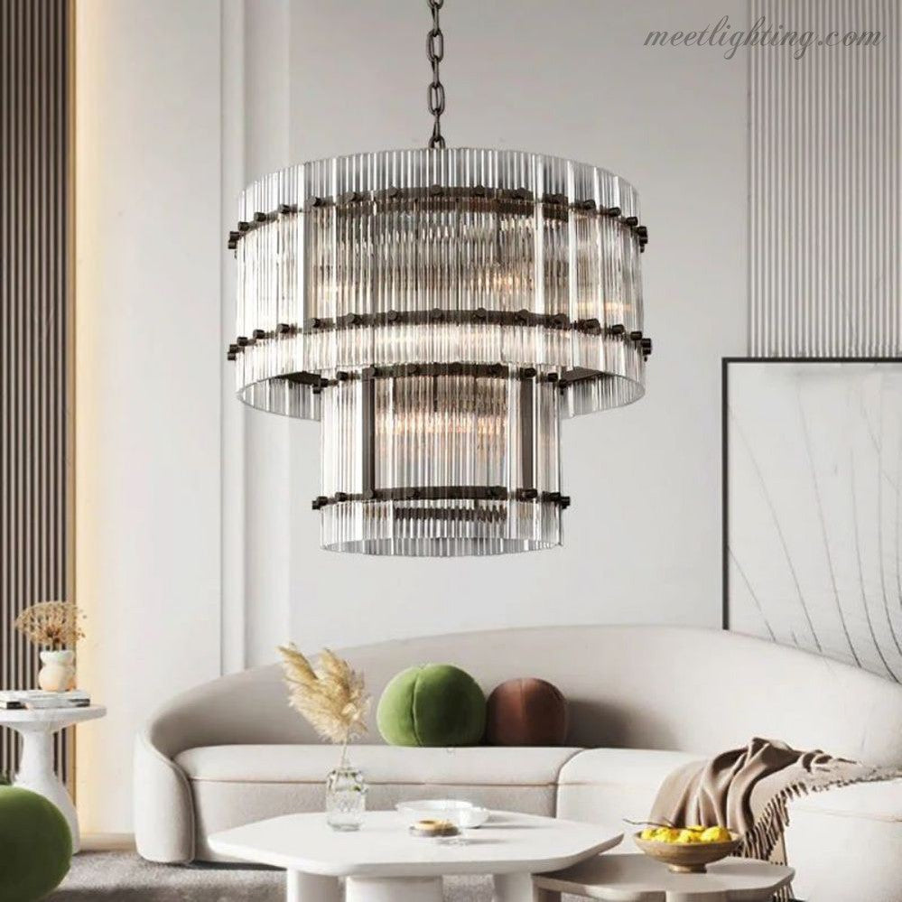 Circular Tiered Glass Panel Ceiling Fixture 22-60 Inch Diameter for Dining Room Foyer Living Room Bedroom Hotel Entryway Statement Lighting | Thomler