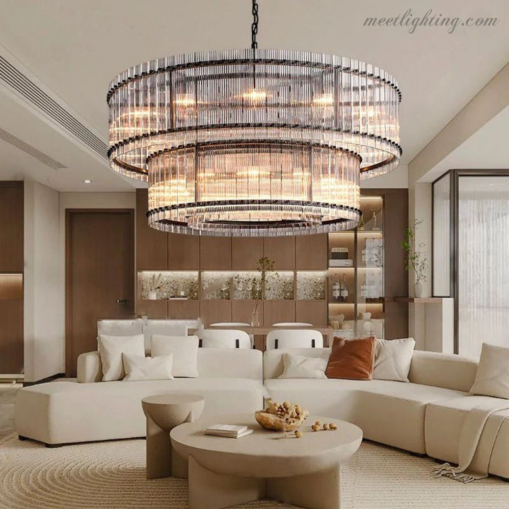 Circular Tiered Glass Panel Ceiling Fixture 22-60 Inch Diameter for Dining Room Foyer Living Room Bedroom Hotel Entryway Statement Lighting | Thomler