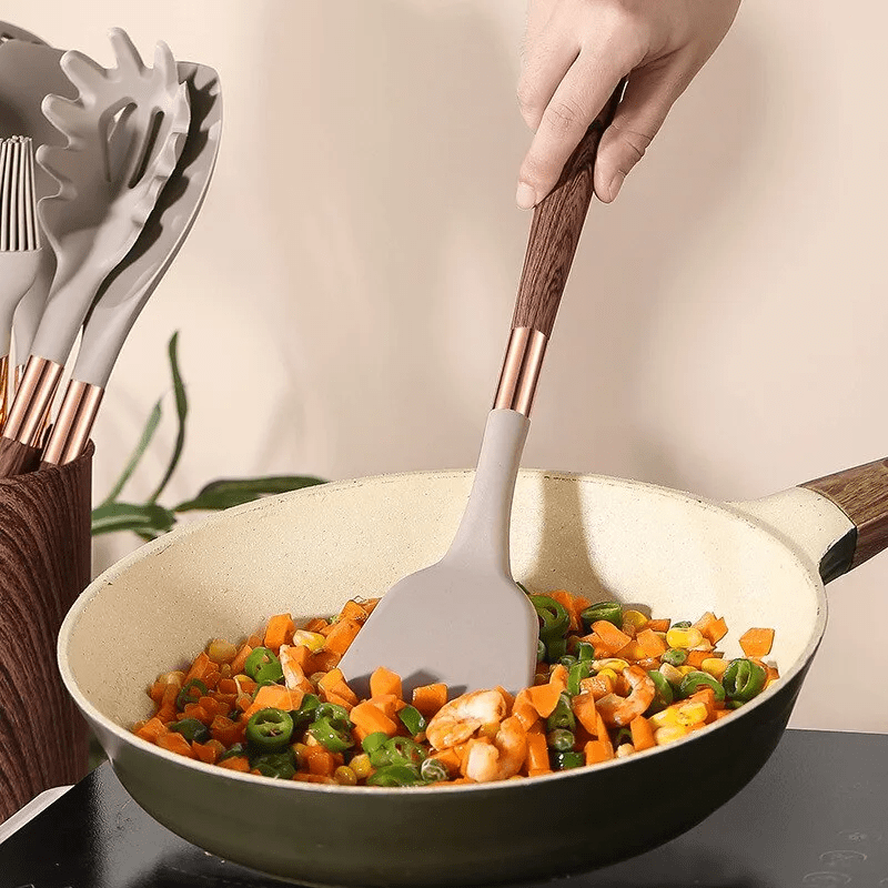 Kitchen Utensil Set Silicone 10 Piece Non Stick Cooking Baking Serving Tools Wood Look Handles | Thomler