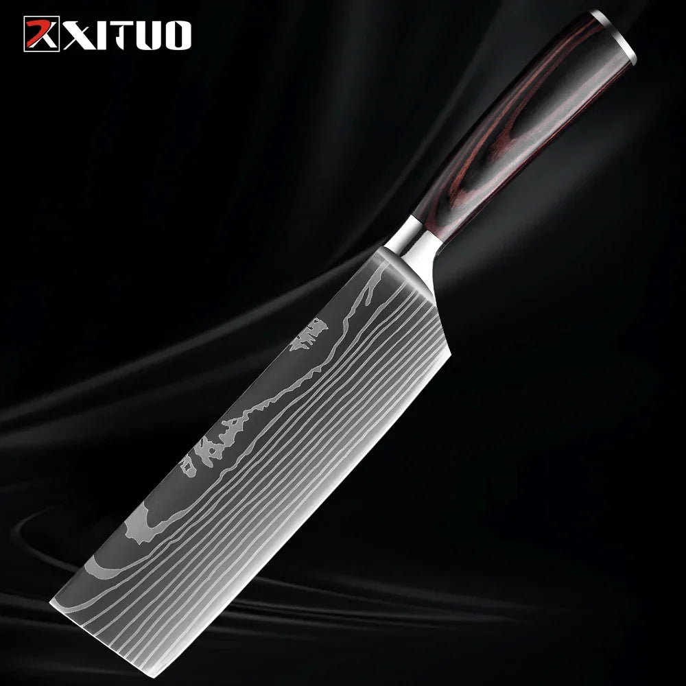 Professional Damascus-Pattern Chef's Blade Set – Hardened Steel Cutlery with Pakkawood Handles – Complete 1-9 Pc Cooking Knife Assortment | Thomler