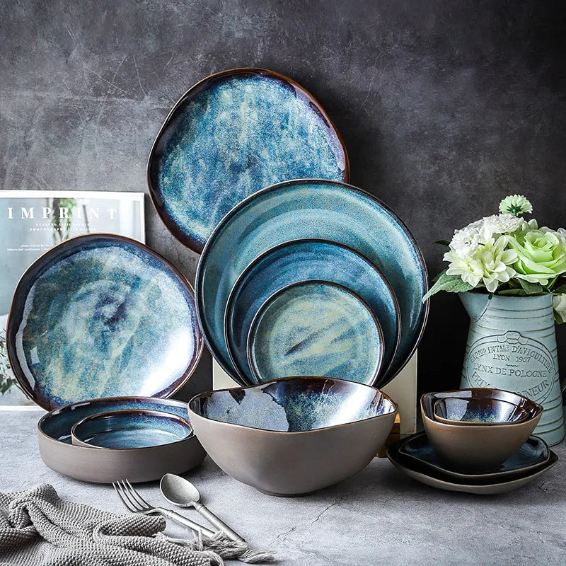 Dinnerware Set Porcelain 11-Piece Turquoise 10.5 in Plates Coastal Dining Tableware Service for Family Meals Entertaining | Thomler