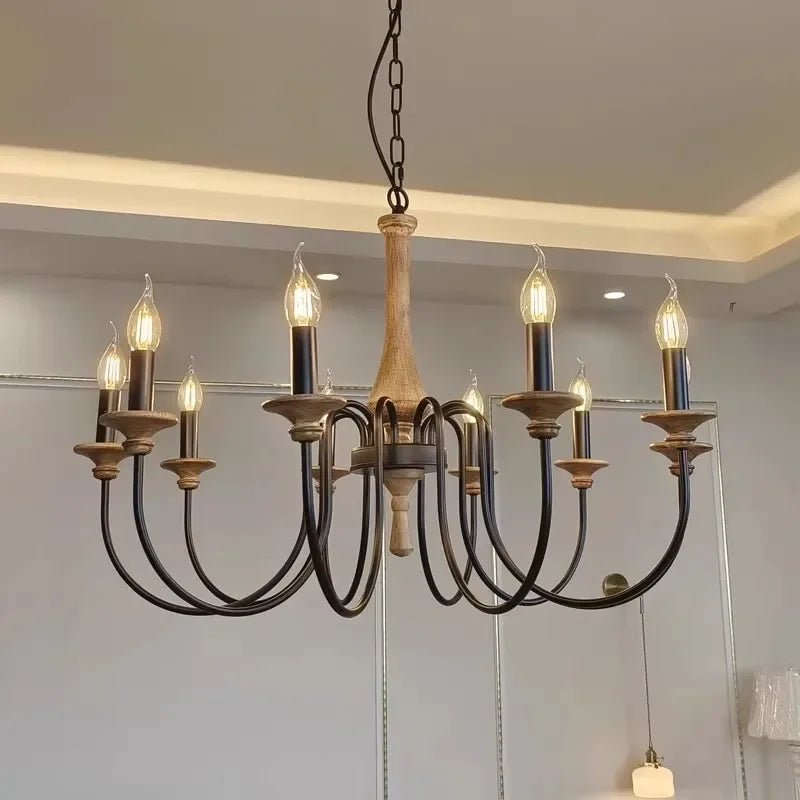 Carved Timber Column Chandelier with Candelabra Arms – 5 to 8 Lights for Farmhouse Dining Room or Entryway | Thomler