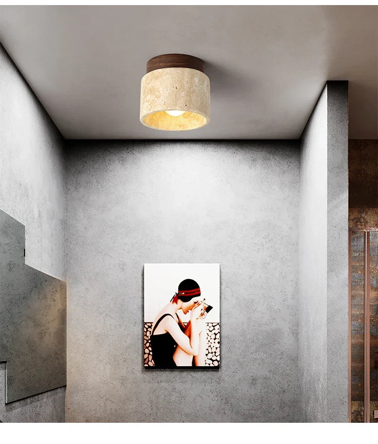 Flush Mount Stone & Timber LED Ceiling Fixture – Contemporary Overhead Light for Entryway, Bedroom & Hallway | Thomler