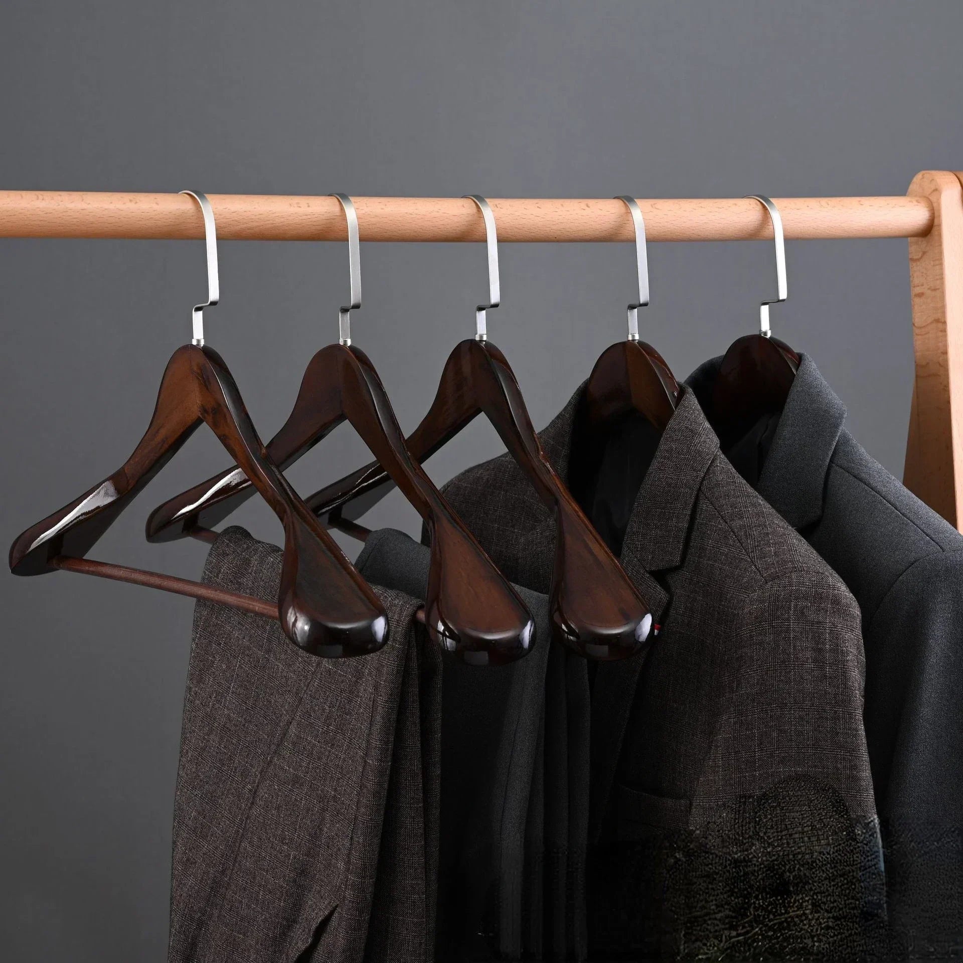 Clothes Hangers Wood And Metal Dark Brown Wardrobe Coat Organiser Set Heavy Duty Suit Jacket Shirt Closet Storage | Thomler