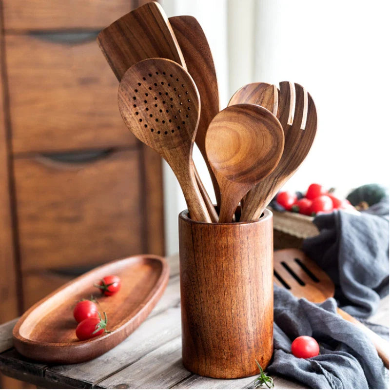 Cooking Utensil Set Acacia Wood 8-Piece Kitchen 12 in Premium Culinary Tools | Thomler