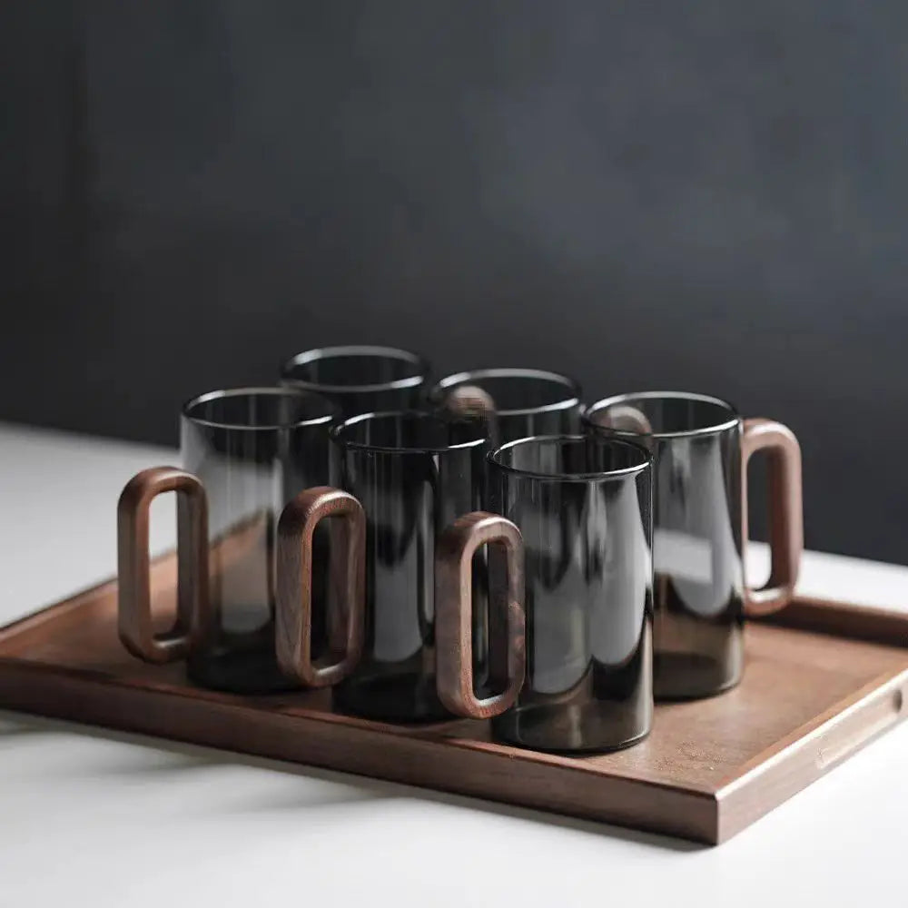 Glass Mug Heat-Resistant 4 in Wooden Handle Coffee Tea Juice Drinkware Modern Minimalist Design | Thomler