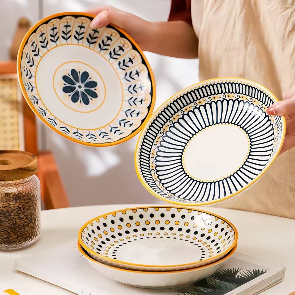 Dinnerware Set Porcelain 20.0 cm 7.9" Navy Blue Gold Breakfast Dessert Salad Plates Hand Painted Floral Tableware Set Of 4 | Thomler