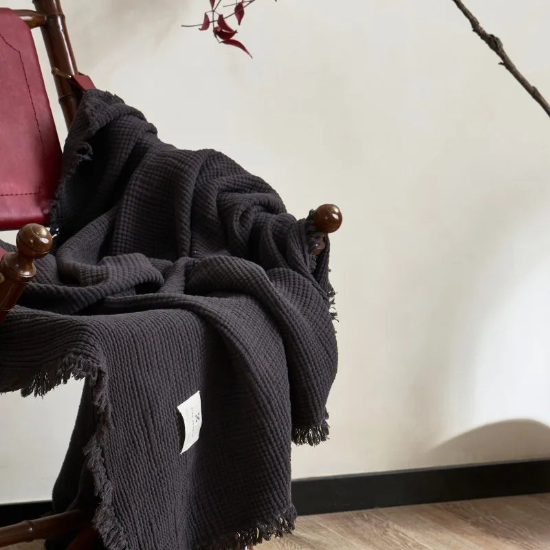 Four-Layer Cotton Gauze Throw Blanket with Tassels – Reversible Muslin Sofa Coverlet for Living Room & Bedroom | Thomler