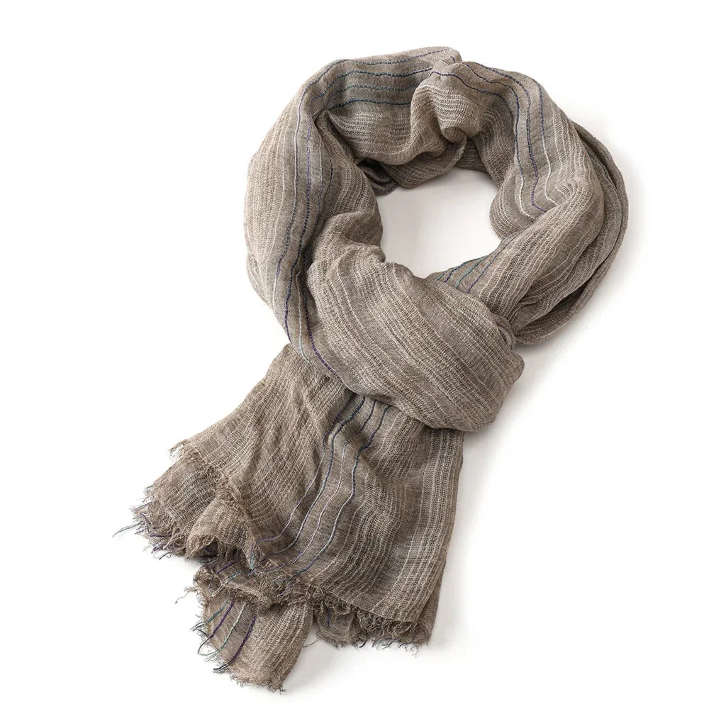 Cotton Linen Striped Scarf for Men – Lightweight Neck Wrap with Tassels for Fall & Winter | Thomler