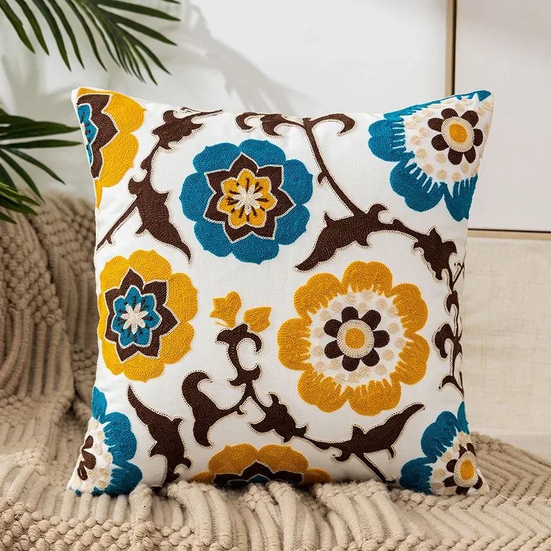 Cushion Cover Cotton Canvas 45.0 cm Floral Embroidered White Sofa Bed Decorative Pillow Case Farmhouse Living Room Accent | Thomler