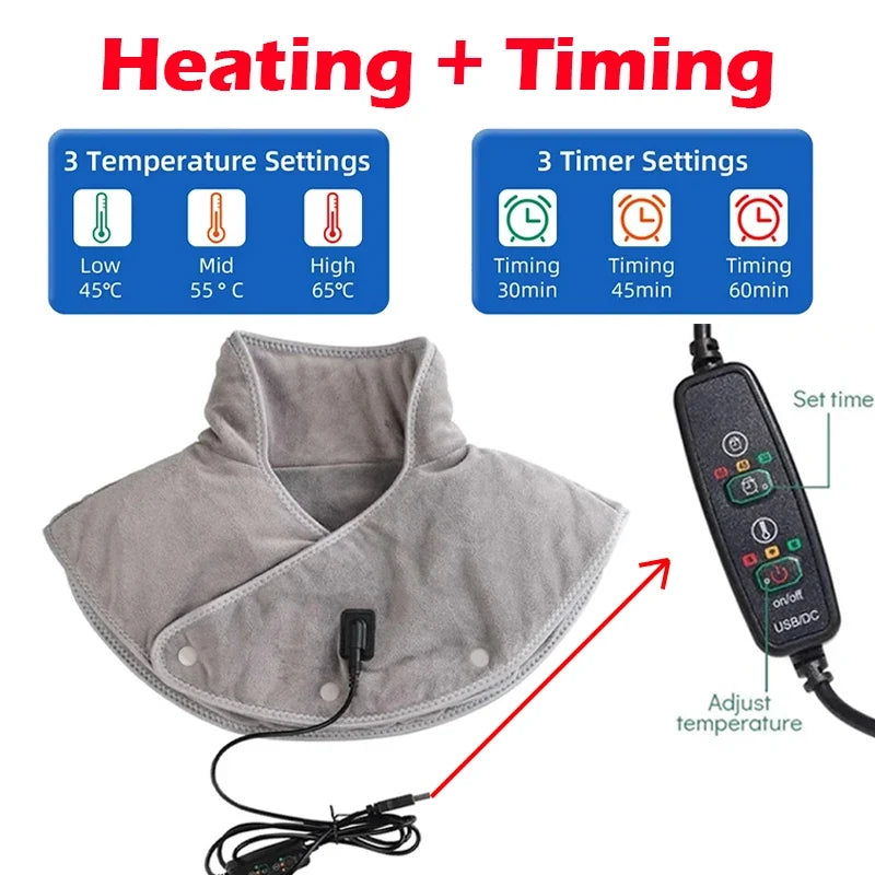 Heated Neck and Shoulder Wrap with Vibration – USB Rechargeable Heat Therapy Cushion – 3 Temperature Settings, Auto Timer, Soft Plush | Thomler