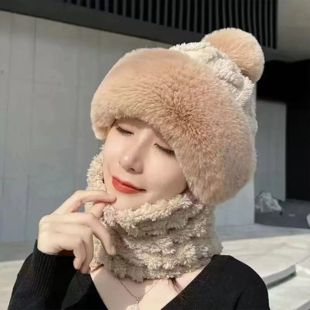 Fleece-Lined Hood Scarf Beanie Combo with Pom-Pom for Women & Men – All-in-One Neck Warmer Face Covering Cold Weather Gear for Commuting | Thomler