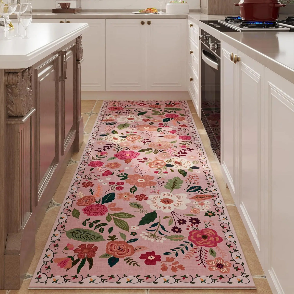 Floral Runner Rug for Hallway & Kitchen, Machine Washable Non-Slip Long Mat with Rubber Backing | Thomler
