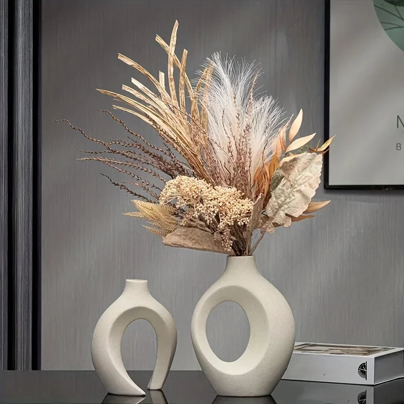 Ceramic Vase Porcelain Set Of 2 White Boho Living Room Table Decor Minimalist Scandinavian Home Accent | Thomler