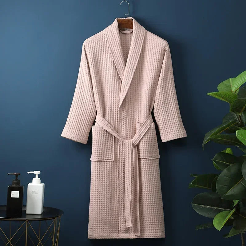 Lightweight Cotton Waffle Weave Bathrobe for Women – Mid-Calf Length Spa Robe with Long Sleeves for Spring & Summer | Thomler