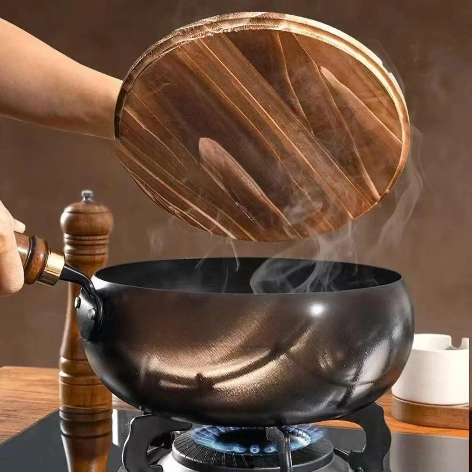 Wok Pan Iron 30.0 cm Wooden Handle Deep Stir Fry Cooking Induction Gas Electric Ceramic Kitchen Pan With Lid | Thomler