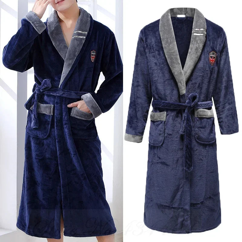 Plush Coral Fleece Robe for Men – Long Shawl Collar Bathrobe in Navy, Gray & Camel – Warm Winter Loungewear M-3XL | Thomler