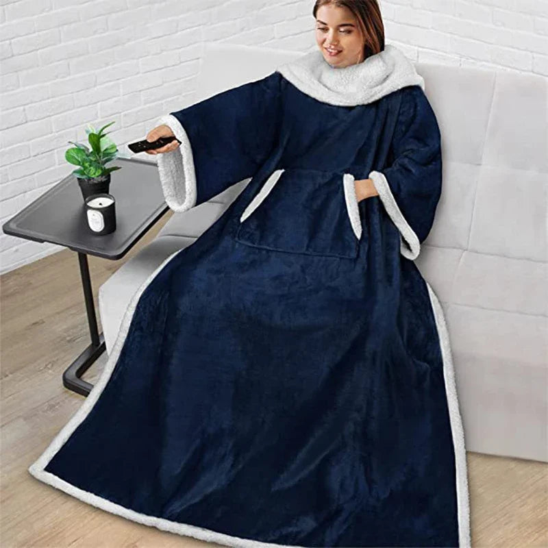 Oversized Fleece Blanket Hoodie with Sleeves & Foot Pocket – Plush Wearable Throw for Adults | Thomler