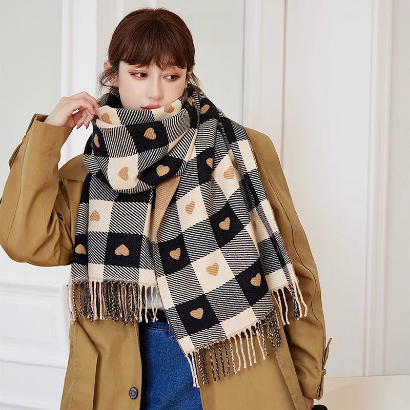 Oversized Plaid Blanket Scarf for Women – Thick Knitted Wrap with Heart Accent for Fall & Winter | Thomler