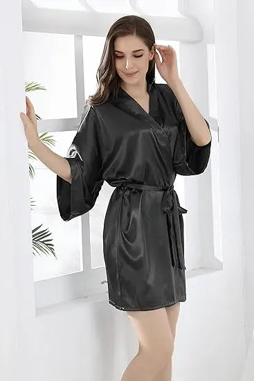 Women's Satin Kimono Robe Loungewear in Navy Blue Pink Purple Lightweight Summer Wrap Sleepwear for Bridal Party | Thomler