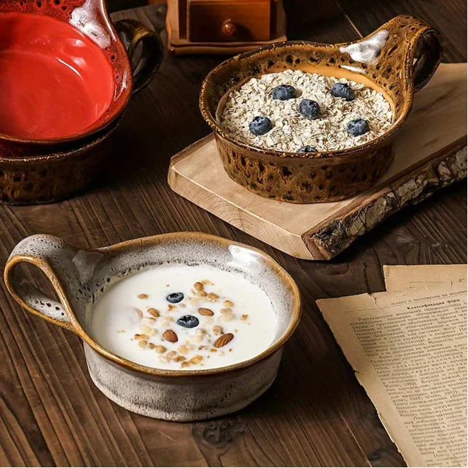 Breakfast Bowl Stoneware 6 in Rustic Ceramic Handled Dining Table Soup Salad Oatmeal Bowl | Thomler