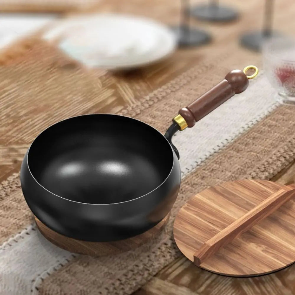 Wok Pan Iron 30.0 cm Wooden Handle Deep Stir Fry Cooking Induction Gas Electric Ceramic Kitchen Pan With Lid | Thomler