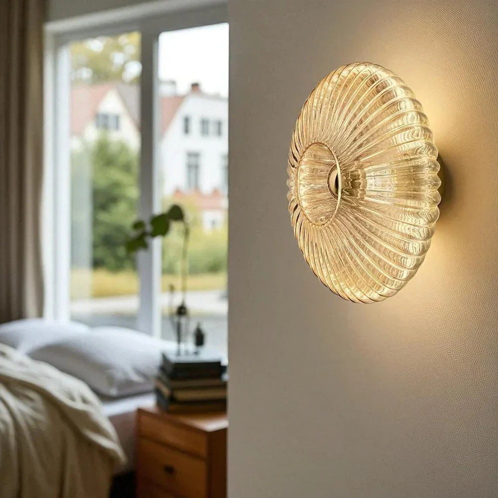 Wall Lamp Ribbed Glass Amber Gold Indoor Bedroom Hallway Decorative Shell Wall Light Art Deco Boho Sconce | Thomler