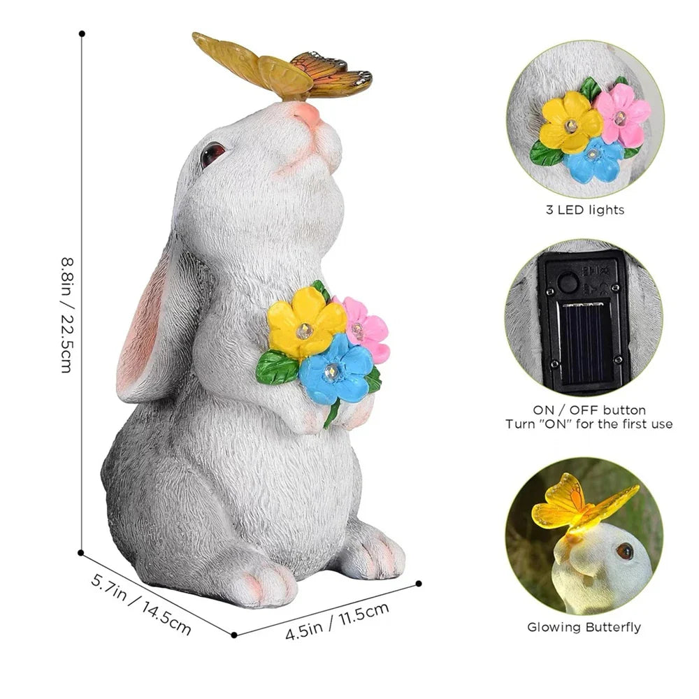 Garden Figurine Resin Solar Powered 22.5 cm White Grey Patio Rabbit LED Outdoor Decoration Butterfly Light | Thomler