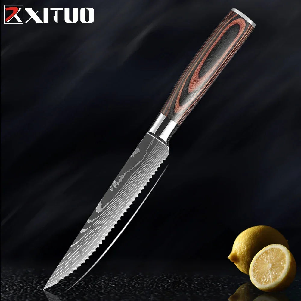 Professional Damascus-Pattern Chef's Blade Set – Hardened Steel Cutlery with Pakkawood Handles – Complete 1-9 Pc Cooking Knife Assortment | Thomler