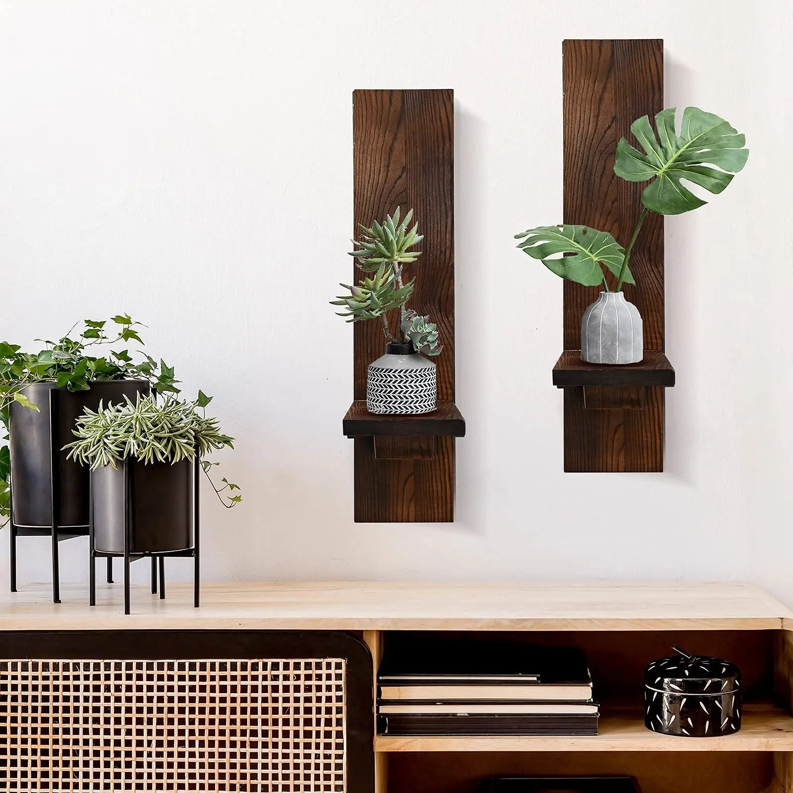 Wall Candle Holder Wood 38.0 cm Rustic Brown Indoor Outdoor Farmhouse Decor Set Of 2 Mounted Sconces | Thomler