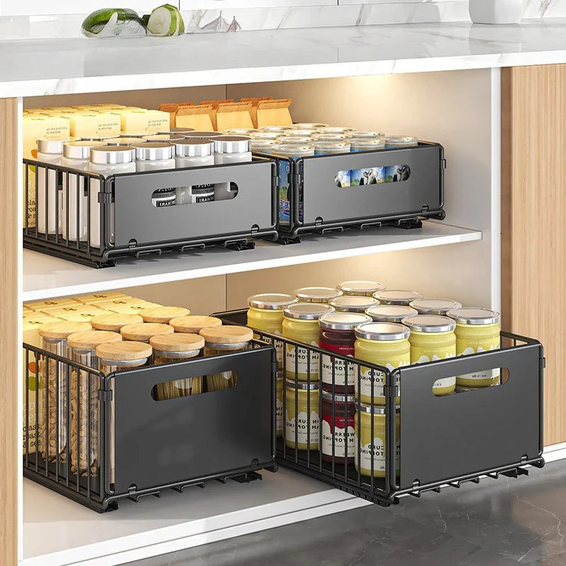 Storage Drawer Carbon Steel 37.5 cm Pull Out Kitchen Cabinet Spice Organiser Pantry Rack Black | Thomler