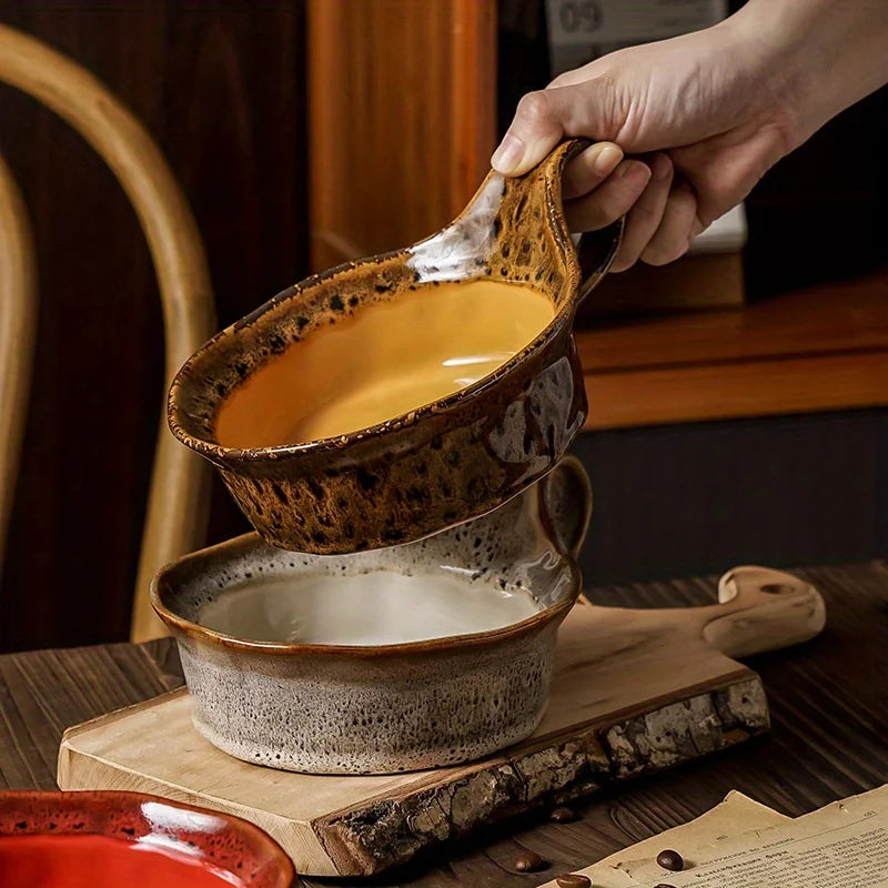Breakfast Bowl Stoneware 6 in Rustic Ceramic Handled Dining Table Soup Salad Oatmeal Bowl | Thomler