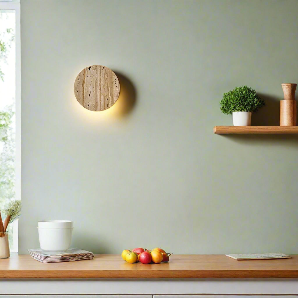 Wall Lamp Travertine Stone 3.9 in Round Frosted Glass Bedroom Hallway Ambient Up Down Light Minimalist Japandi Fixture | Thomler