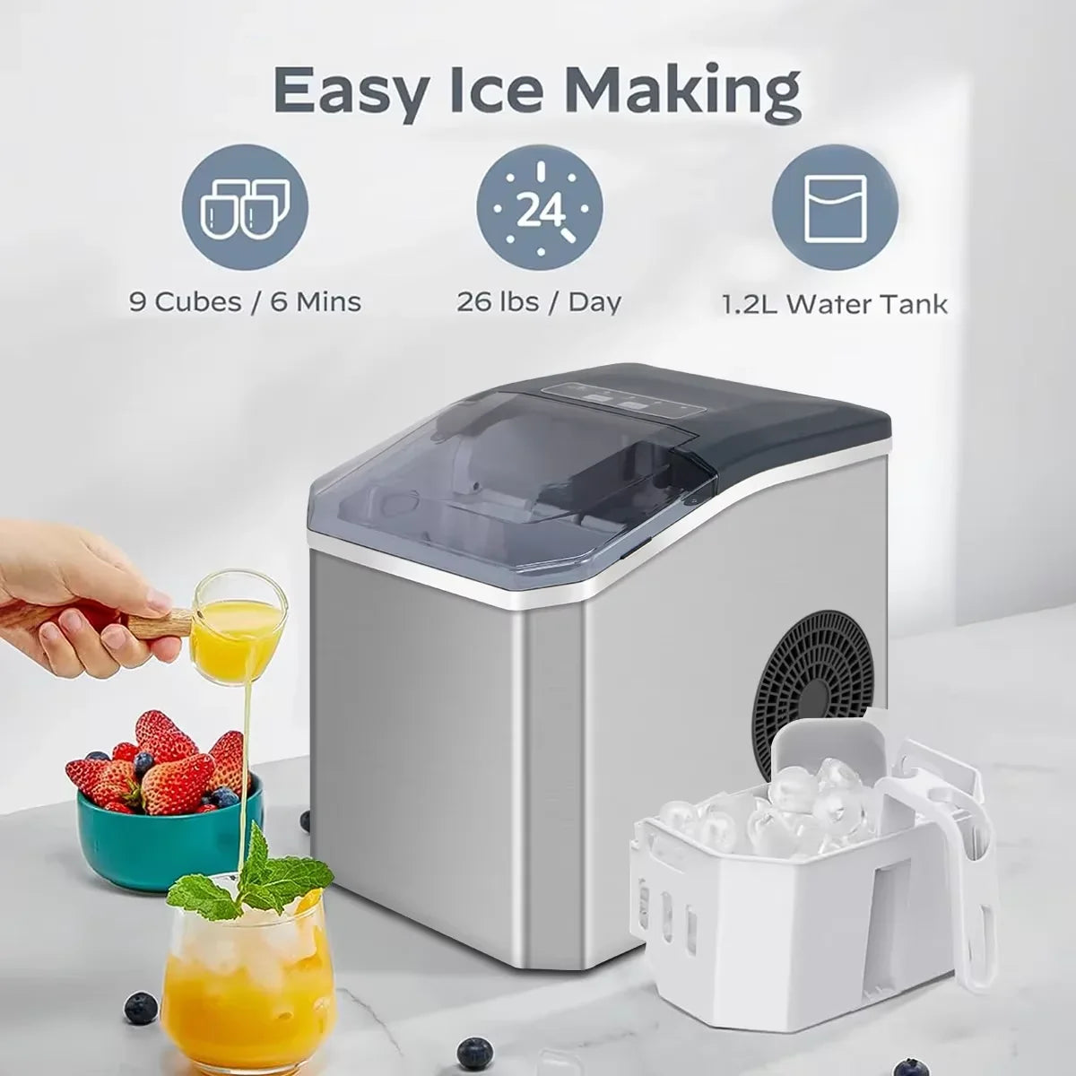 Ice Maker Stainless Steel 15.0 kg Daily Capacity Self Cleaning Kitchen Bar Office Countertop Machine Fast 9 Cube Production | Thomler