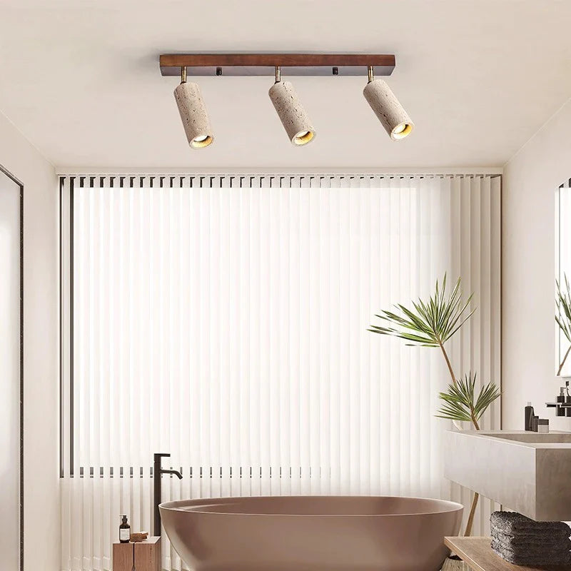 Ceiling Spotlight Travertine Wood 23.6 in 3 Head Adjustable Indoor Lighting Fixture Modern Surface Mounted Accent Lamp | Thomler