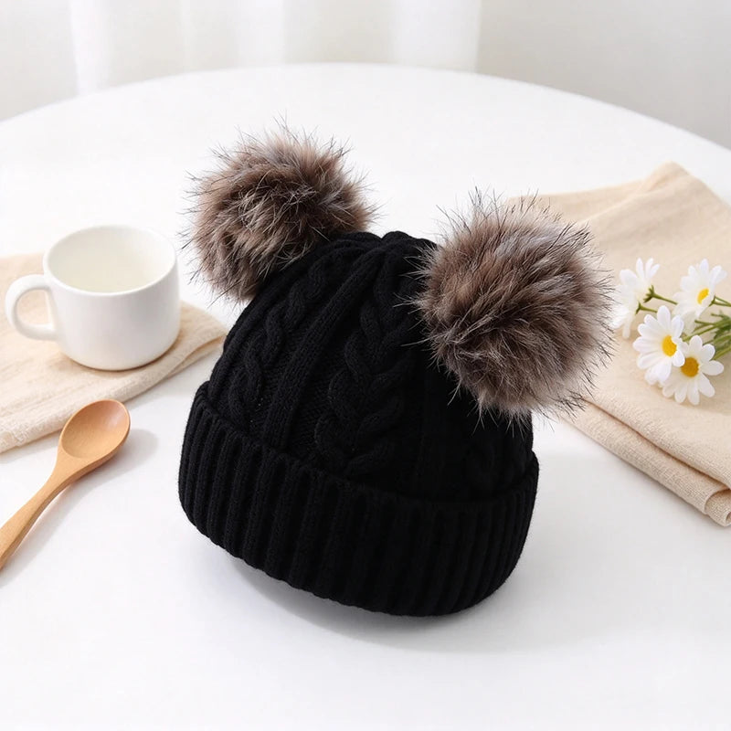 Women's Chunky Cable-Knit Winter Beanie with Dual Faux-Fur Pom-Poms – Fold-Over Cuff Hat for Cold Weather | Thomler