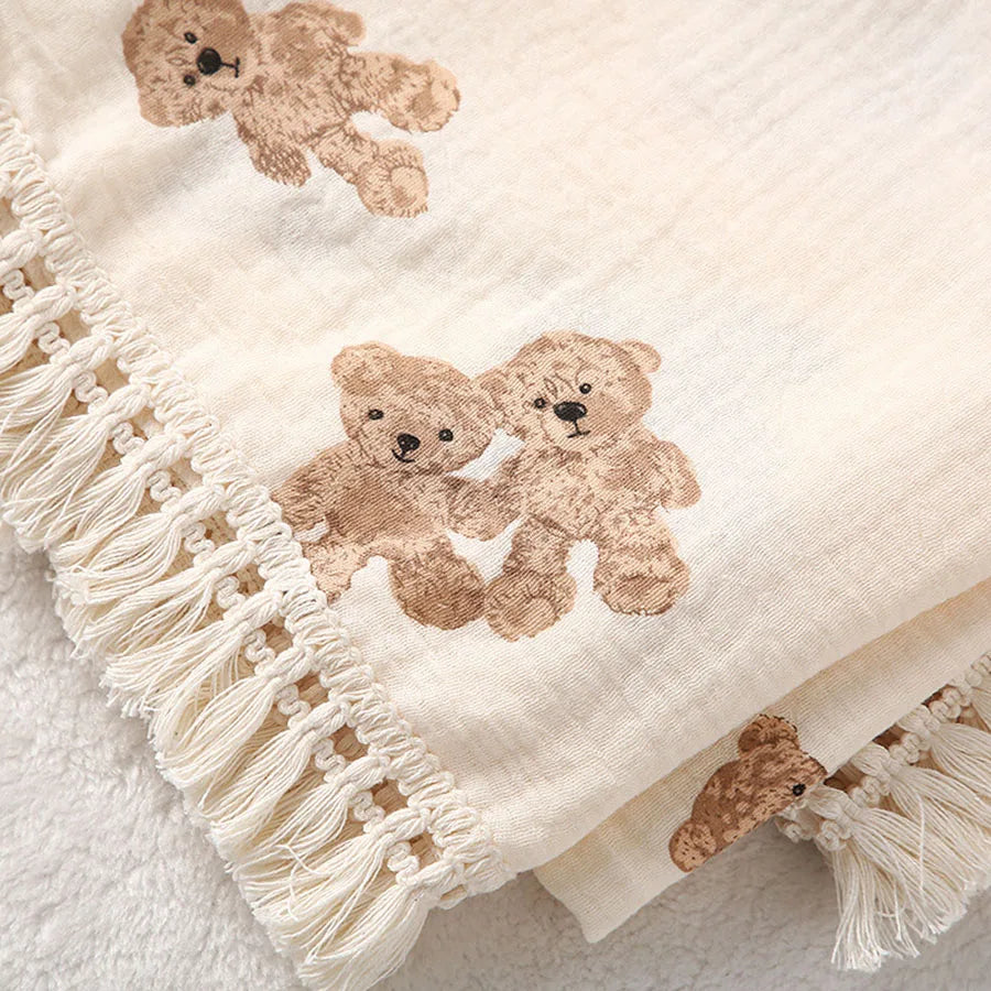 Lightweight Cotton Muslin Baby Blanket with Bear Print – Breathable Swaddle for Newborns & Toddlers | Thomler