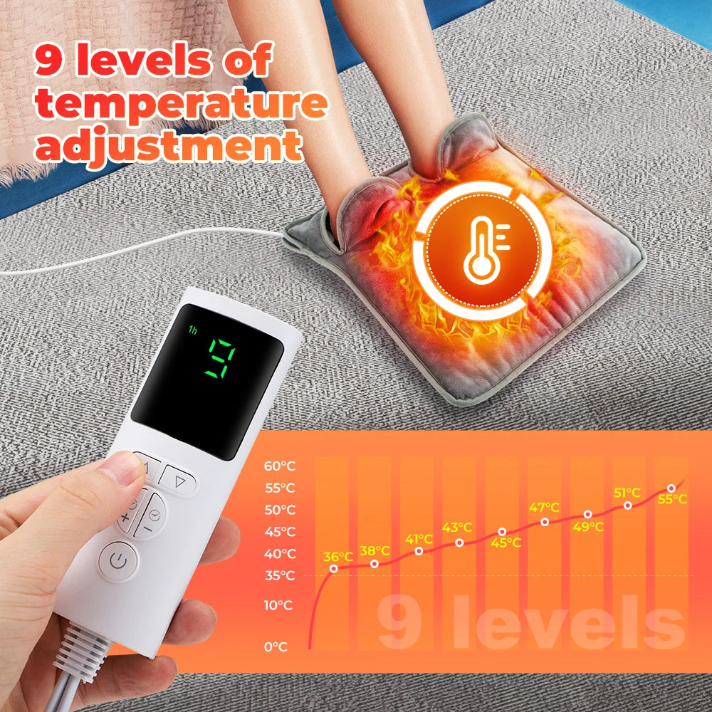 Electric Heating Pad for Feet & Hands – 70W Plush Warmth Cushion with Timer & 9 Temp Settings – Gray | Thomler