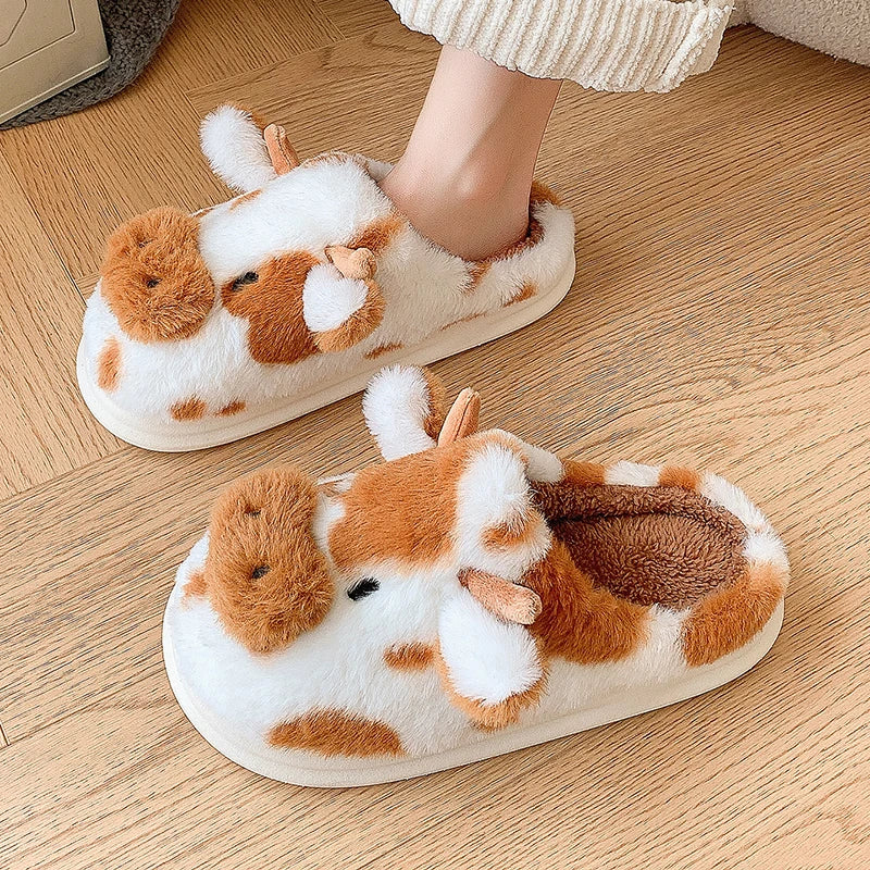 Plush Cow Print House Slippers for Women – Cozy Indoor Footwear with Platform Sole for Winter Warmth & Comfort | Thomler
