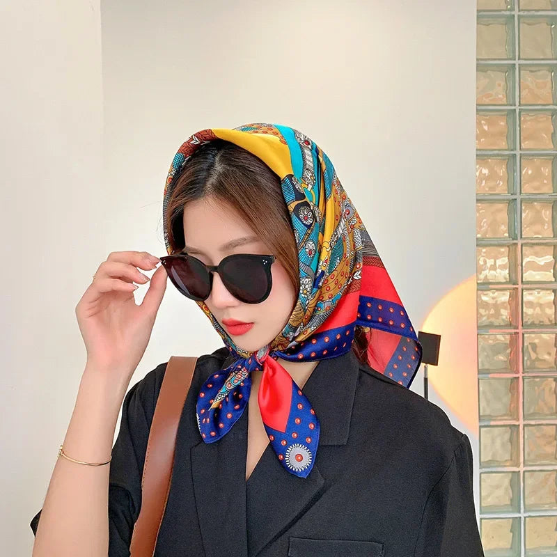 Silky Equestrian Print Square Scarf 27.5×27.5 in – Satin Neck Wrap Hair Tie Headband for Women | Thomler