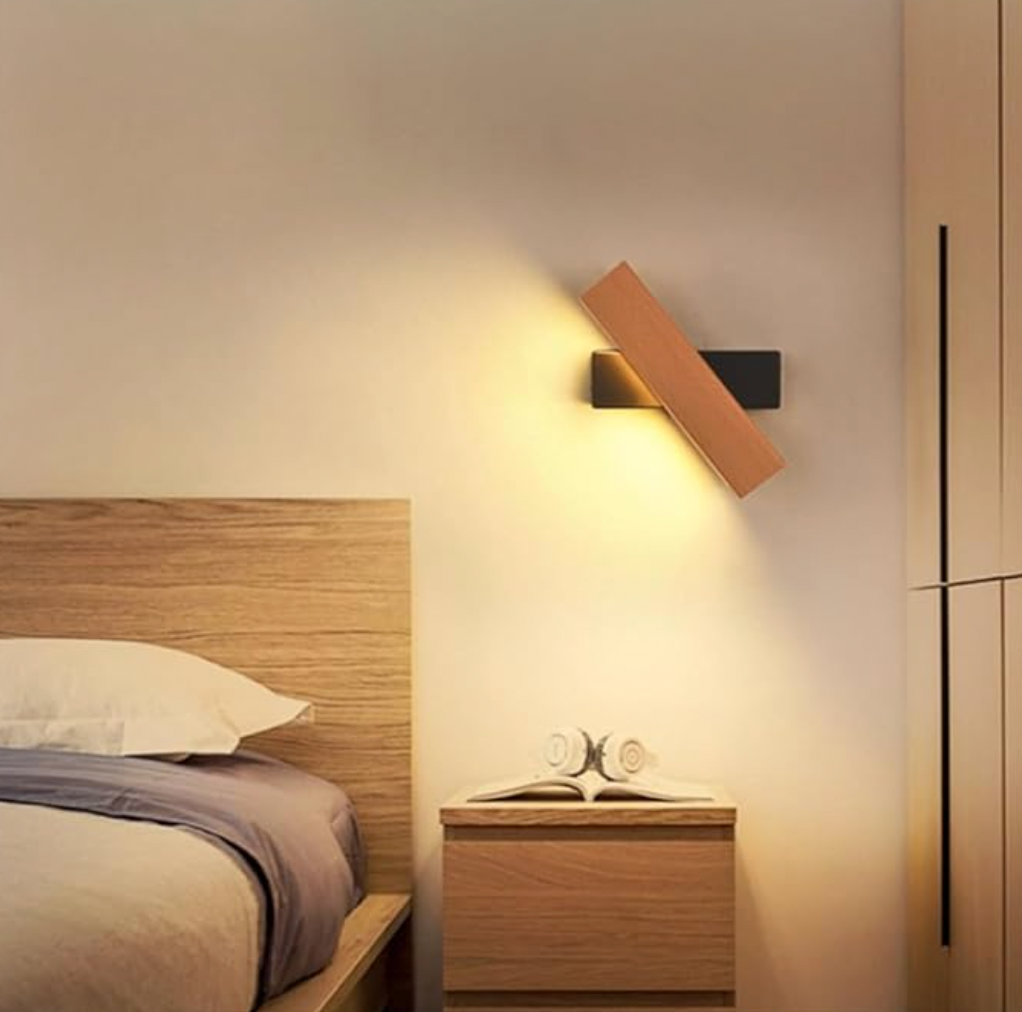 Rotating LED Wall Sconce with Wood Accent – Adjustable Minimalist Light for Bedroom & Living Room | Thomler