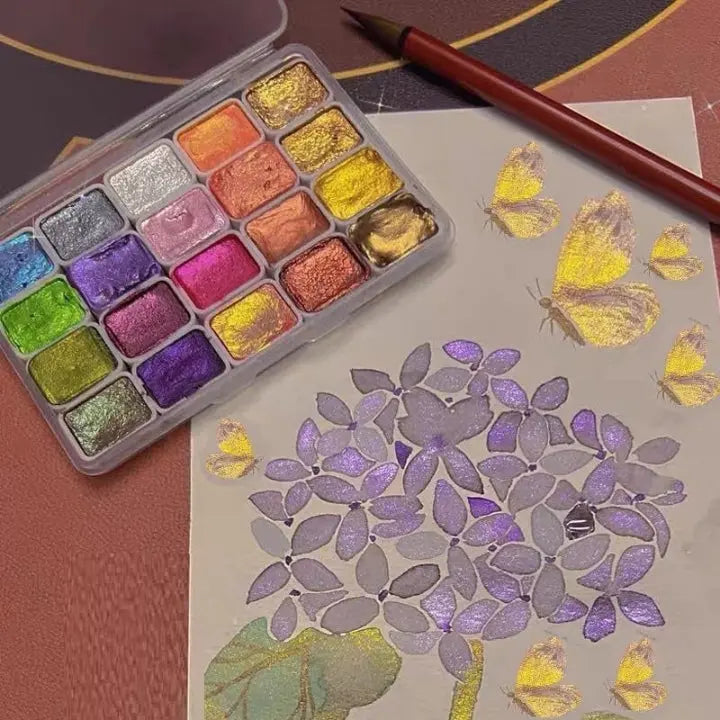 Watercolour Paint Set Metallic 20 Colours 11.5 cm Travel Art Lettering Illustration Craft Kit Shimmer Pigment Palette | Thomler